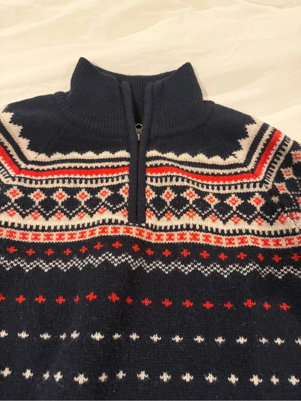 J. Crew Navy Fair Isle Half-Zip Sweater with Red & White Accents Size Medium